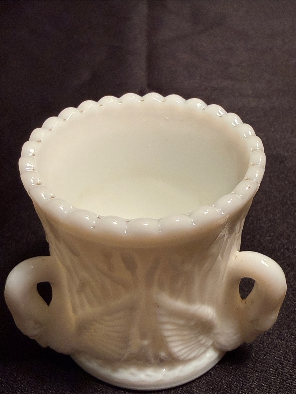 White Milk Glass Decorative Toothpick Holder with Scalloped Rim & 3 ornate swan